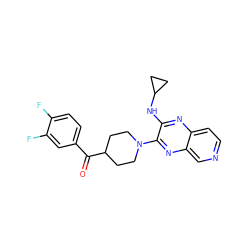 O=C(c1ccc(F)c(F)c1)C1CCN(c2nc3cnccc3nc2NC2CC2)CC1 ZINC000144359278