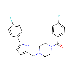 O=C(c1ccc(F)cc1)N1CCN(Cc2ccc(-c3ccc(F)cc3)[nH]2)CC1 ZINC000029564206