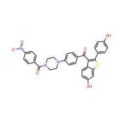 O=C(c1ccc(N2CCN(C(=O)c3ccc([N+](=O)[O-])cc3)CC2)cc1)c1c(-c2ccc(O)cc2)sc2cc(O)ccc12 ZINC000028330926