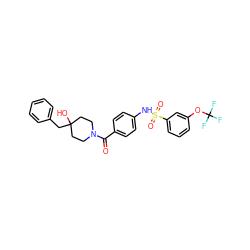 O=C(c1ccc(NS(=O)(=O)c2cccc(OC(F)(F)F)c2)cc1)N1CCC(O)(Cc2ccccc2)CC1 ZINC000221283665