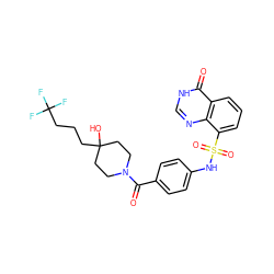 O=C(c1ccc(NS(=O)(=O)c2cccc3c(=O)[nH]cnc23)cc1)N1CCC(O)(CCCC(F)(F)F)CC1 ZINC000217778842