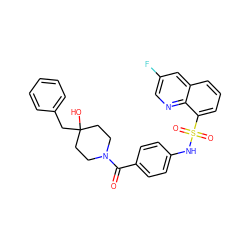 O=C(c1ccc(NS(=O)(=O)c2cccc3cc(F)cnc23)cc1)N1CCC(O)(Cc2ccccc2)CC1 ZINC000217630023