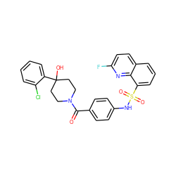 O=C(c1ccc(NS(=O)(=O)c2cccc3ccc(F)nc23)cc1)N1CCC(O)(c2ccccc2Cl)CC1 ZINC000221283906