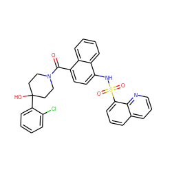 O=C(c1ccc(NS(=O)(=O)c2cccc3cccnc23)c2ccccc12)N1CCC(O)(c2ccccc2Cl)CC1 ZINC000217634116