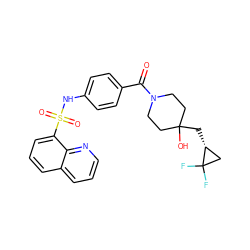 O=C(c1ccc(NS(=O)(=O)c2cccc3cccnc23)cc1)N1CCC(O)(C[C@@H]2CC2(F)F)CC1 ZINC000217642562