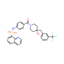 O=C(c1ccc(NS(=O)(=O)c2cccc3cccnc23)cc1)N1CCC(O)(Cc2cccc(C(F)(F)F)c2)CC1 ZINC000220463840