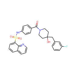 O=C(c1ccc(NS(=O)(=O)c2cccc3cccnc23)cc1)N1CCC(O)(Cc2cccc(F)c2)CC1 ZINC000220680738