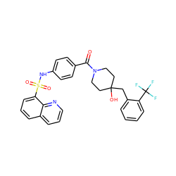 O=C(c1ccc(NS(=O)(=O)c2cccc3cccnc23)cc1)N1CCC(O)(Cc2ccccc2C(F)(F)F)CC1 ZINC000217632716