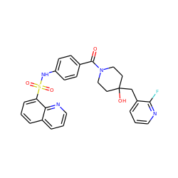 O=C(c1ccc(NS(=O)(=O)c2cccc3cccnc23)cc1)N1CCC(O)(Cc2cccnc2F)CC1 ZINC000217621620