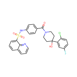 O=C(c1ccc(NS(=O)(=O)c2cccc3cccnc23)cc1)N1CCC(O)(c2cc(F)ccc2Cl)CC1 ZINC000221279260