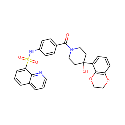 O=C(c1ccc(NS(=O)(=O)c2cccc3cccnc23)cc1)N1CCC(O)(c2cccc3c2OCCO3)CC1 ZINC000221283289