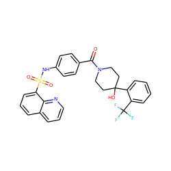 O=C(c1ccc(NS(=O)(=O)c2cccc3cccnc23)cc1)N1CCC(O)(c2ccccc2C(F)(F)F)CC1 ZINC000224362568