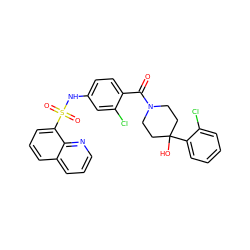 O=C(c1ccc(NS(=O)(=O)c2cccc3cccnc23)cc1Cl)N1CCC(O)(c2ccccc2Cl)CC1 ZINC000221282414