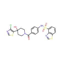 O=C(c1ccc(NS(=O)(=O)c2cccc3scnc23)cc1)N1CCC(O)(c2scnc2Cl)CC1 ZINC000217760704