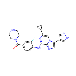 O=C(c1ccc(Nc2nc(C3CC3)cn3c(-c4cn[nH]c4)cnc23)c(F)c1)N1CCNCC1 ZINC000072122729