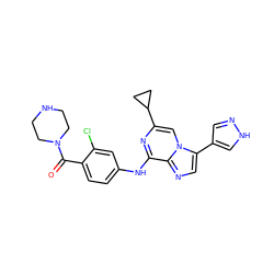 O=C(c1ccc(Nc2nc(C3CC3)cn3c(-c4cn[nH]c4)cnc23)cc1Cl)N1CCNCC1 ZINC000072123469