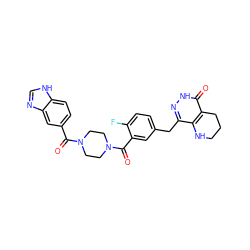 O=C(c1ccc2[nH]cnc2c1)N1CCN(C(=O)c2cc(Cc3n[nH]c(=O)c4c3NCCC4)ccc2F)CC1 ZINC000148904019