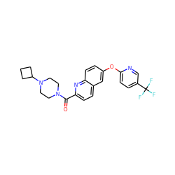 O=C(c1ccc2cc(Oc3ccc(C(F)(F)F)cn3)ccc2n1)N1CCN(C2CCC2)CC1 ZINC001772618114