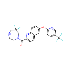 O=C(c1ccc2cc(Oc3ccc(C(F)(F)F)cn3)ccc2n1)N1CCNCC(F)(F)C1 ZINC001772614640