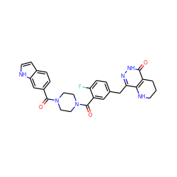 O=C(c1ccc2cc[nH]c2c1)N1CCN(C(=O)c2cc(Cc3n[nH]c(=O)c4c3NCCC4)ccc2F)CC1 ZINC000146698095