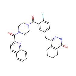 O=C(c1ccc2ccccc2n1)N1CCN(C(=O)c2cc(Cc3n[nH]c(=O)c4c3CCCC4)ccc2F)CC1 ZINC000148543146