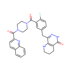 O=C(c1ccc2ccccc2n1)N1CCN(C(=O)c2cc(Cc3n[nH]c(=O)c4c3NCCC4)ccc2F)CC1 ZINC000147988527