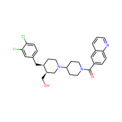 O=C(c1ccc2ncccc2c1)N1CCC(N2CC[C@H](Cc3ccc(Cl)c(Cl)c3)[C@H](CO)C2)CC1 ZINC000028130372