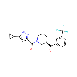 O=C(c1cccc(C(F)(F)F)c1)[C@@H]1CCCN(C(=O)c2cc(C3CC3)[nH]n2)C1 ZINC000015936307