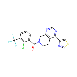 O=C(c1cccc(C(F)(F)F)c1Cl)N1CCc2c(ncnc2-c2cscn2)C1 ZINC000219466854