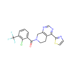 O=C(c1cccc(C(F)(F)F)c1Cl)N1CCc2c(ncnc2-c2nccs2)C1 ZINC000219452202