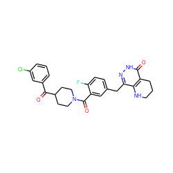 O=C(c1cccc(Cl)c1)C1CCN(C(=O)c2cc(Cc3n[nH]c(=O)c4c3NCCC4)ccc2F)CC1 ZINC000148342086