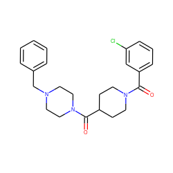 O=C(c1cccc(Cl)c1)N1CCC(C(=O)N2CCN(Cc3ccccc3)CC2)CC1 ZINC000020118886