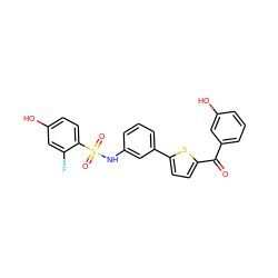 O=C(c1cccc(O)c1)c1ccc(-c2cccc(NS(=O)(=O)c3ccc(O)cc3F)c2)s1 ZINC000473149637