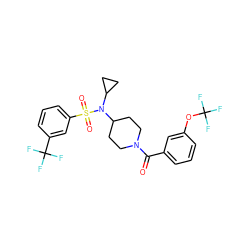 O=C(c1cccc(OC(F)(F)F)c1)N1CCC(N(C2CC2)S(=O)(=O)c2cccc(C(F)(F)F)c2)CC1 ZINC000095571712