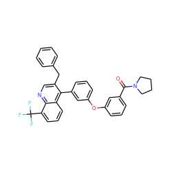 O=C(c1cccc(Oc2cccc(-c3c(Cc4ccccc4)cnc4c(C(F)(F)F)cccc34)c2)c1)N1CCCC1 ZINC000042805278