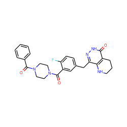 O=C(c1ccccc1)N1CCN(C(=O)c2cc(Cc3n[nH]c(=O)c4c3NCCC4)ccc2F)CC1 ZINC000084689725