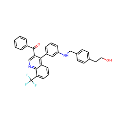 O=C(c1ccccc1)c1cnc2c(C(F)(F)F)cccc2c1-c1cccc(NCc2ccc(CCO)cc2)c1 ZINC000014972599