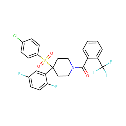 O=C(c1ccccc1C(F)(F)F)N1CCC(c2cc(F)ccc2F)(S(=O)(=O)c2ccc(Cl)cc2)CC1 ZINC000084619545