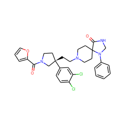 O=C(c1ccco1)N1CC[C@](CCN2CCC3(CC2)C(=O)NCN3c2ccccc2)(c2ccc(Cl)c(Cl)c2)C1 ZINC000042878519