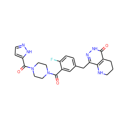 O=C(c1ccn[nH]1)N1CCN(C(=O)c2cc(Cc3n[nH]c(=O)c4c3NCCC4)ccc2F)CC1 ZINC000140355879