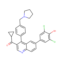 O=C(c1cnc2ccc(-c3cc(Cl)c(O)c(Cl)c3)cc2c1-c1ccc(CN2CCCC2)cc1)C1CC1 ZINC000219358507