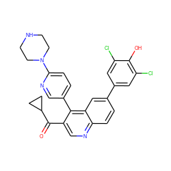 O=C(c1cnc2ccc(-c3cc(Cl)c(O)c(Cl)c3)cc2c1-c1ccc(N2CCNCC2)nc1)C1CC1 ZINC000114037819