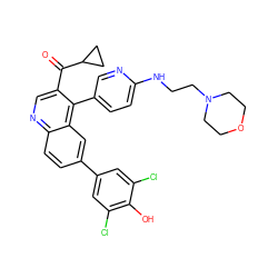 O=C(c1cnc2ccc(-c3cc(Cl)c(O)c(Cl)c3)cc2c1-c1ccc(NCCN2CCOCC2)nc1)C1CC1 ZINC000114033452