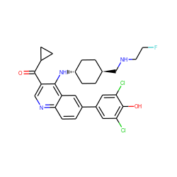 O=C(c1cnc2ccc(-c3cc(Cl)c(O)c(Cl)c3)cc2c1N[C@H]1CC[C@H](CNCCF)CC1)C1CC1 ZINC000473164969