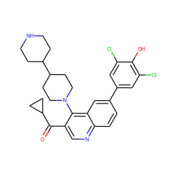 O=C(c1cnc2ccc(-c3cc(Cl)c(O)c(Cl)c3)cc2c1N1CCC(C2CCNCC2)CC1)C1CC1 ZINC000219389045