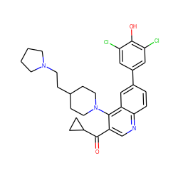 O=C(c1cnc2ccc(-c3cc(Cl)c(O)c(Cl)c3)cc2c1N1CCC(CCN2CCCC2)CC1)C1CC1 ZINC000203986511