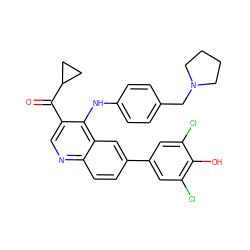 O=C(c1cnc2ccc(-c3cc(Cl)c(O)c(Cl)c3)cc2c1Nc1ccc(CN2CCCC2)cc1)C1CC1 ZINC000114035465