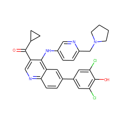 O=C(c1cnc2ccc(-c3cc(Cl)c(O)c(Cl)c3)cc2c1Nc1ccc(CN2CCCC2)nc1)C1CC1 ZINC000114035184