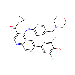 O=C(c1cnc2ccc(-c3cc(Cl)c(O)c(Cl)c3)cc2c1Nc1ccc(CN2CCOCC2)cc1)C1CC1 ZINC000203987709