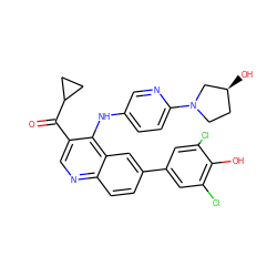 O=C(c1cnc2ccc(-c3cc(Cl)c(O)c(Cl)c3)cc2c1Nc1ccc(N2CC[C@H](O)C2)nc1)C1CC1 ZINC000203987558